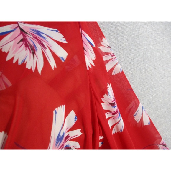 Express Red Floral Chiffon Long Sleeve Romper Surplice Wrap Tie Waist Womens M - Picture 5 of 14